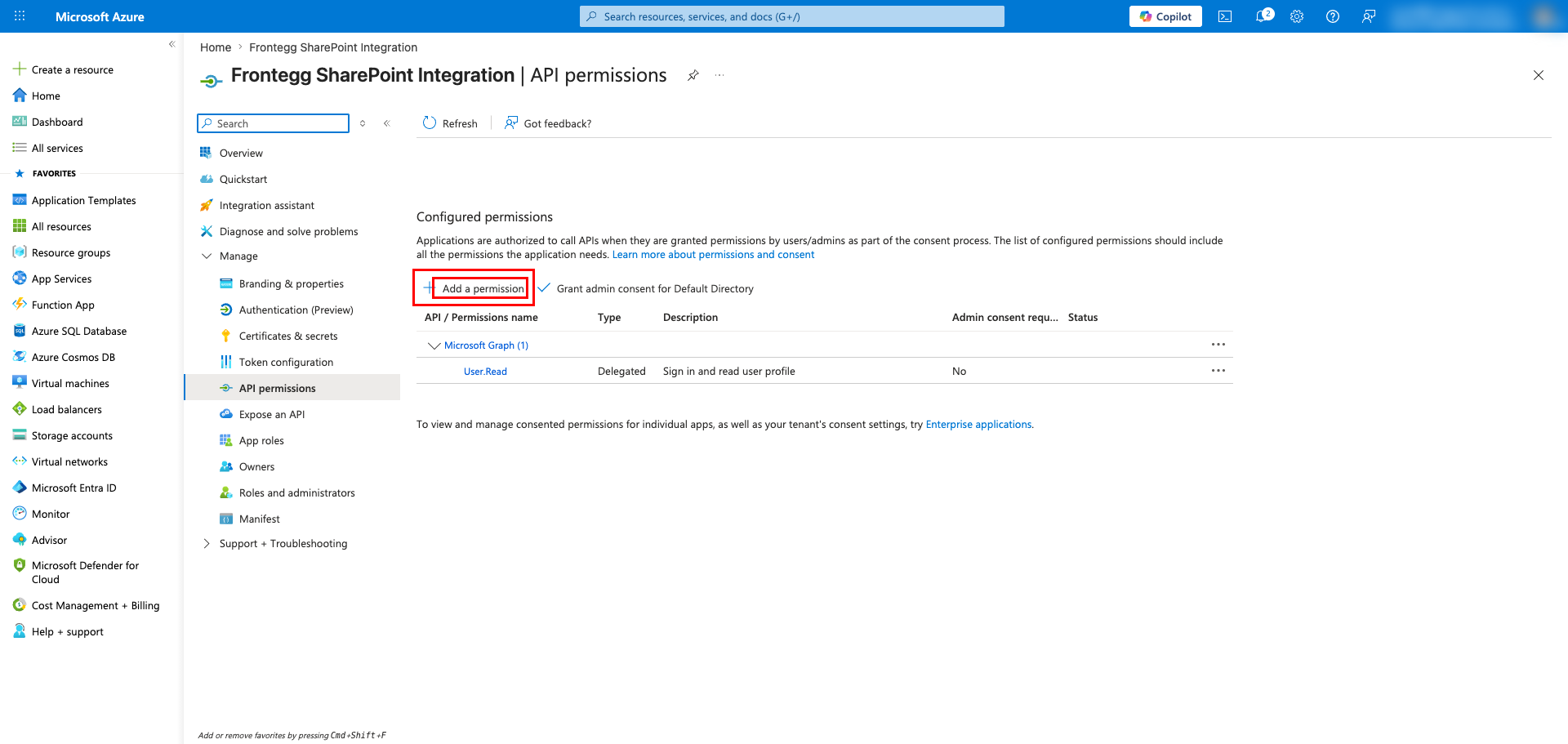API permissions page with Add a permission button highlighted