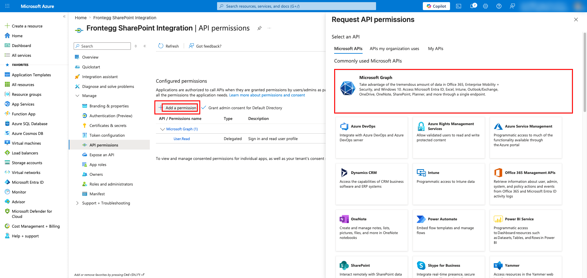 Request API permissions panel with Microsoft Graph highlighted