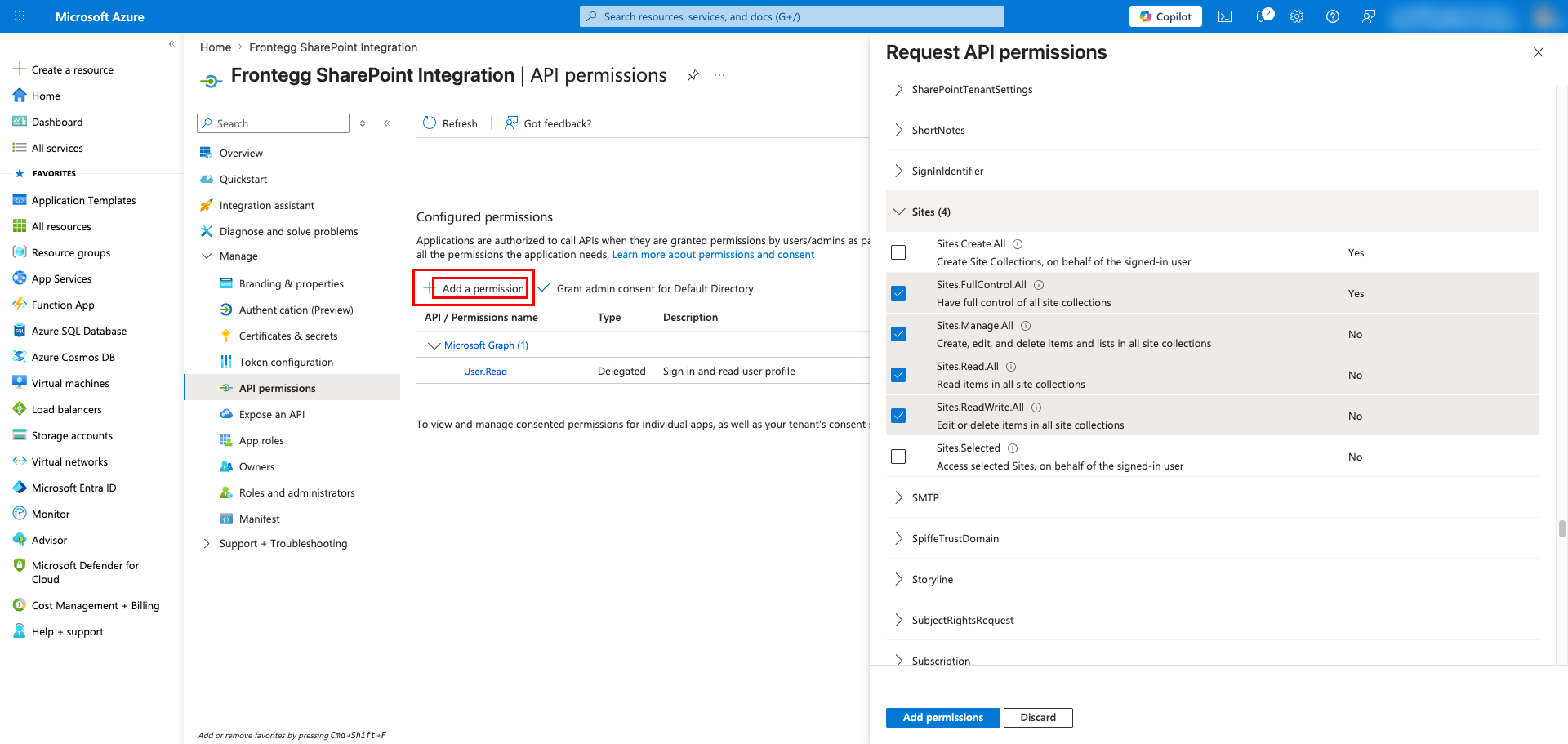 Delegated permissions list with selected SharePoint scopes