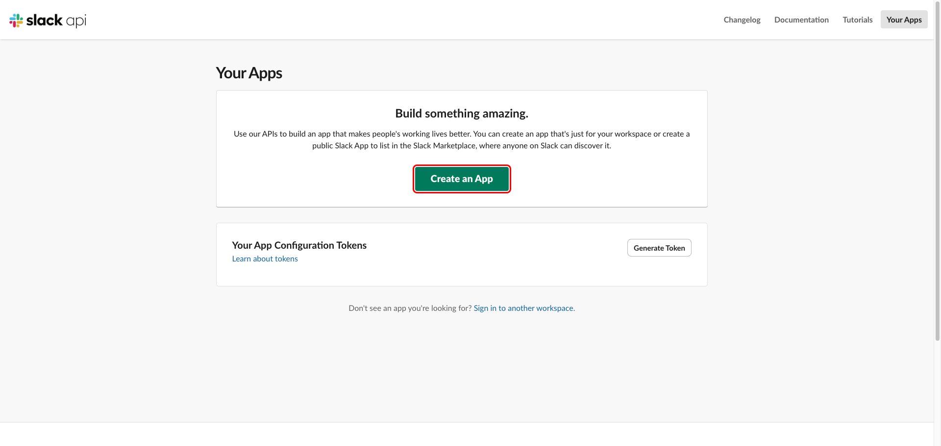 Slack API Your Apps page with Create an App highlighted