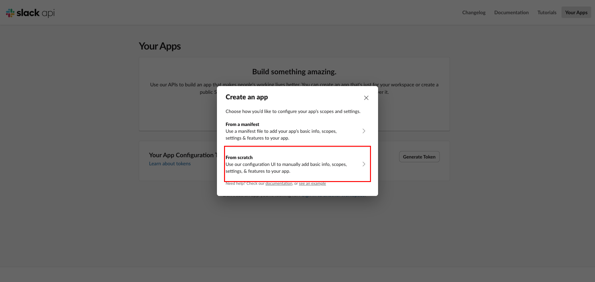 Create an app dialog with From scratch highlighted