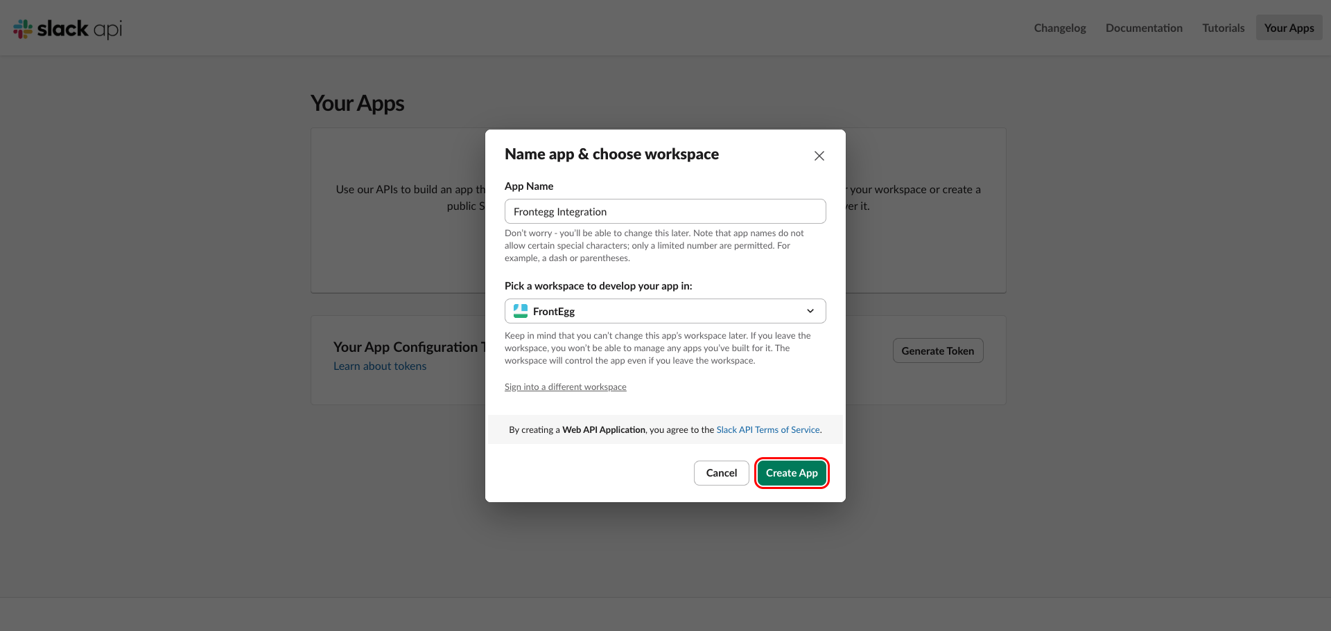 Name app and choose workspace dialog with Create App highlighted