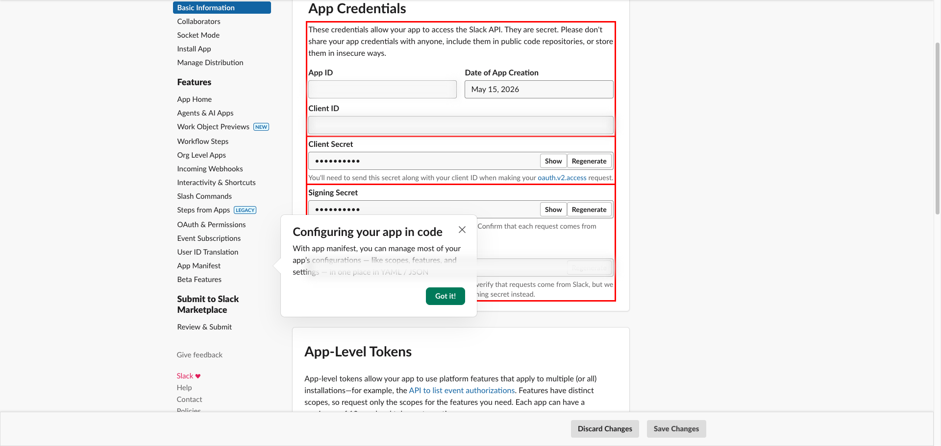 Slack app Basic Information page with Client ID and Client Secret highlighted