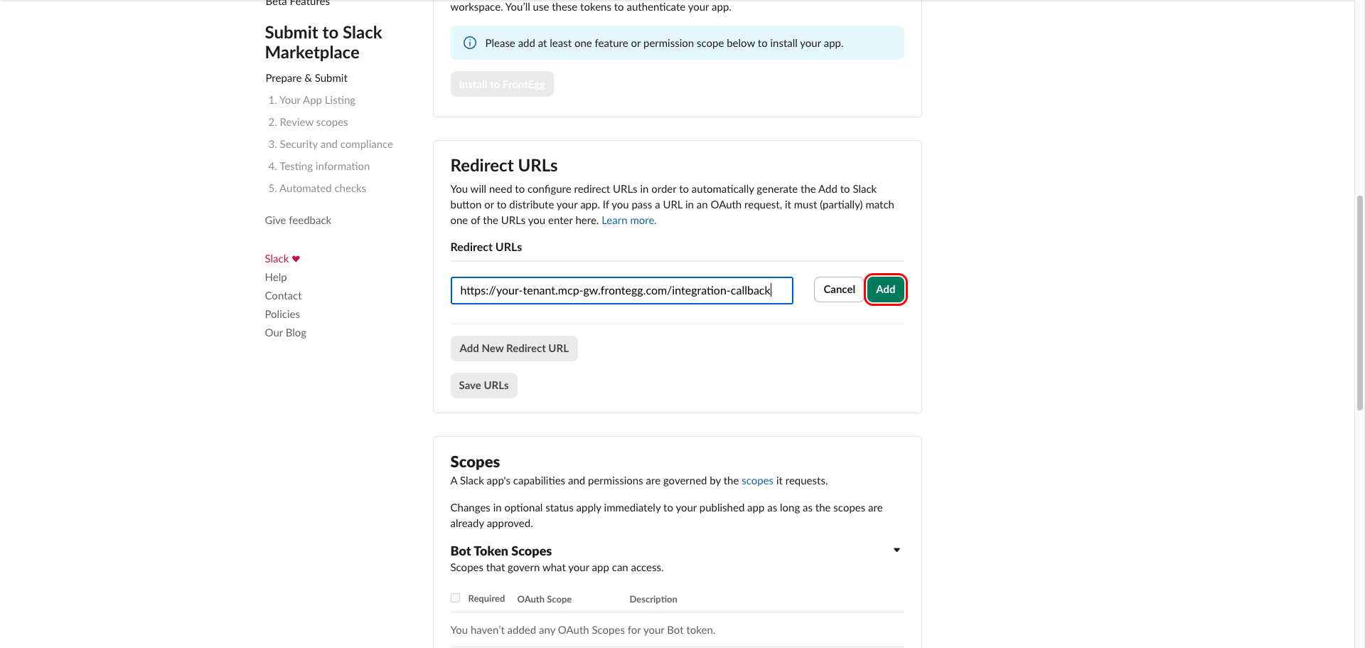 OAuth & Permissions Redirect URLs section with Frontegg callback URL entered
