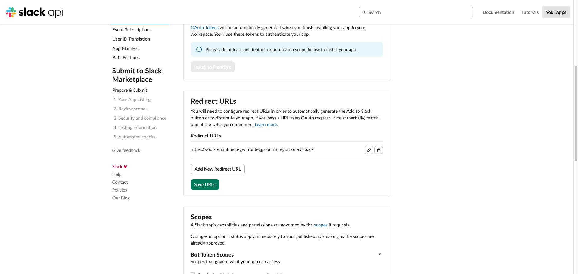Redirect URLs section showing the saved Frontegg callback URL