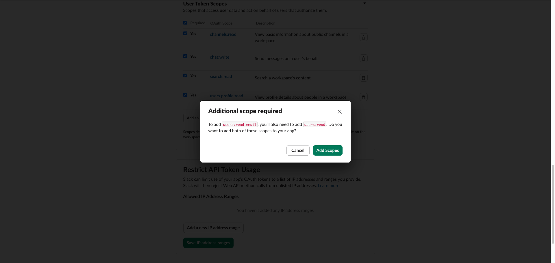 User Token Scopes list with the selected Slack scopes