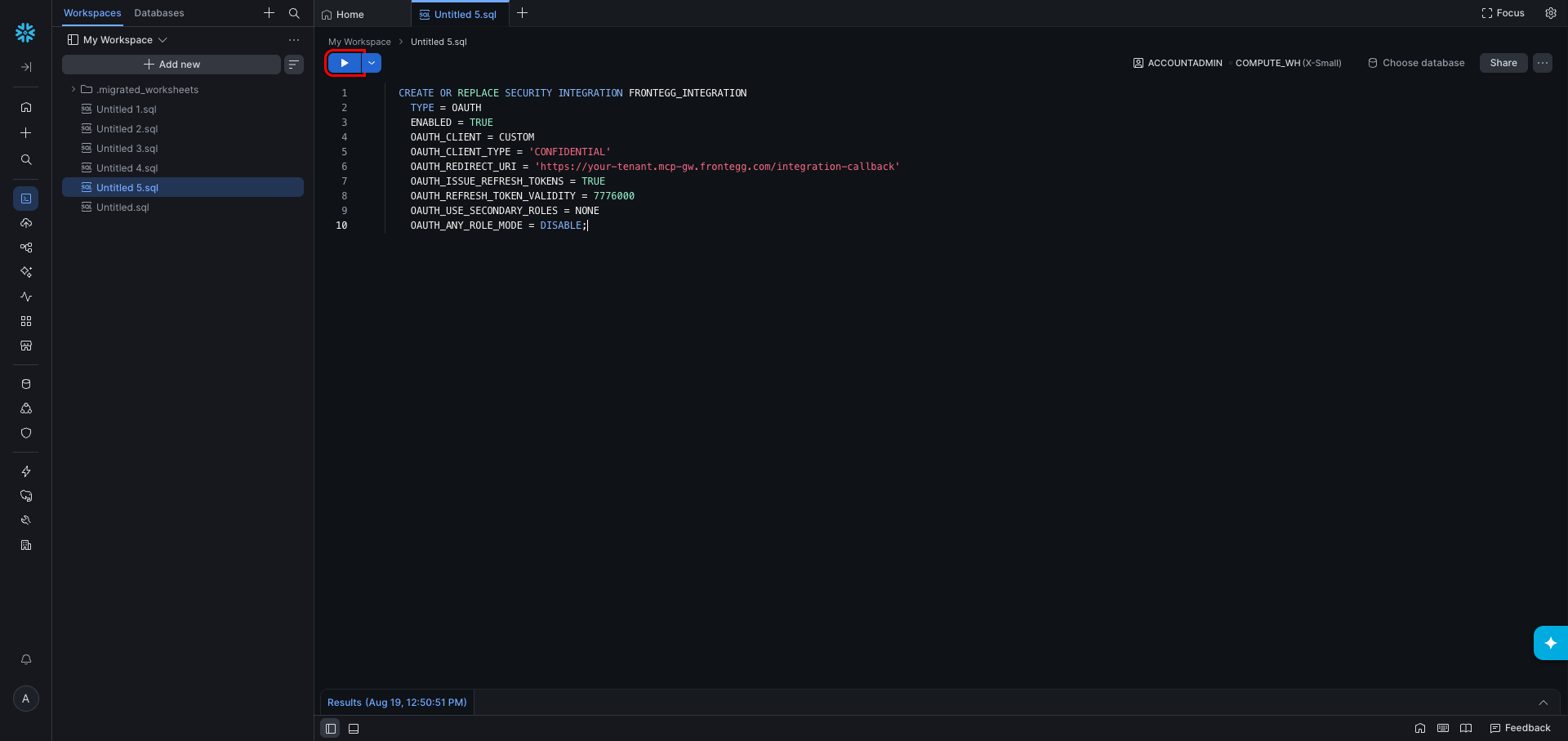 Snowflake SQL file with the CREATE OR REPLACE SECURITY INTEGRATION command