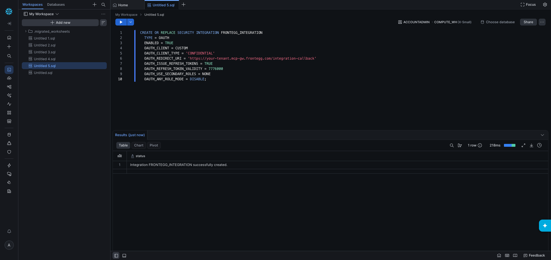 Snowflake integration creation success message