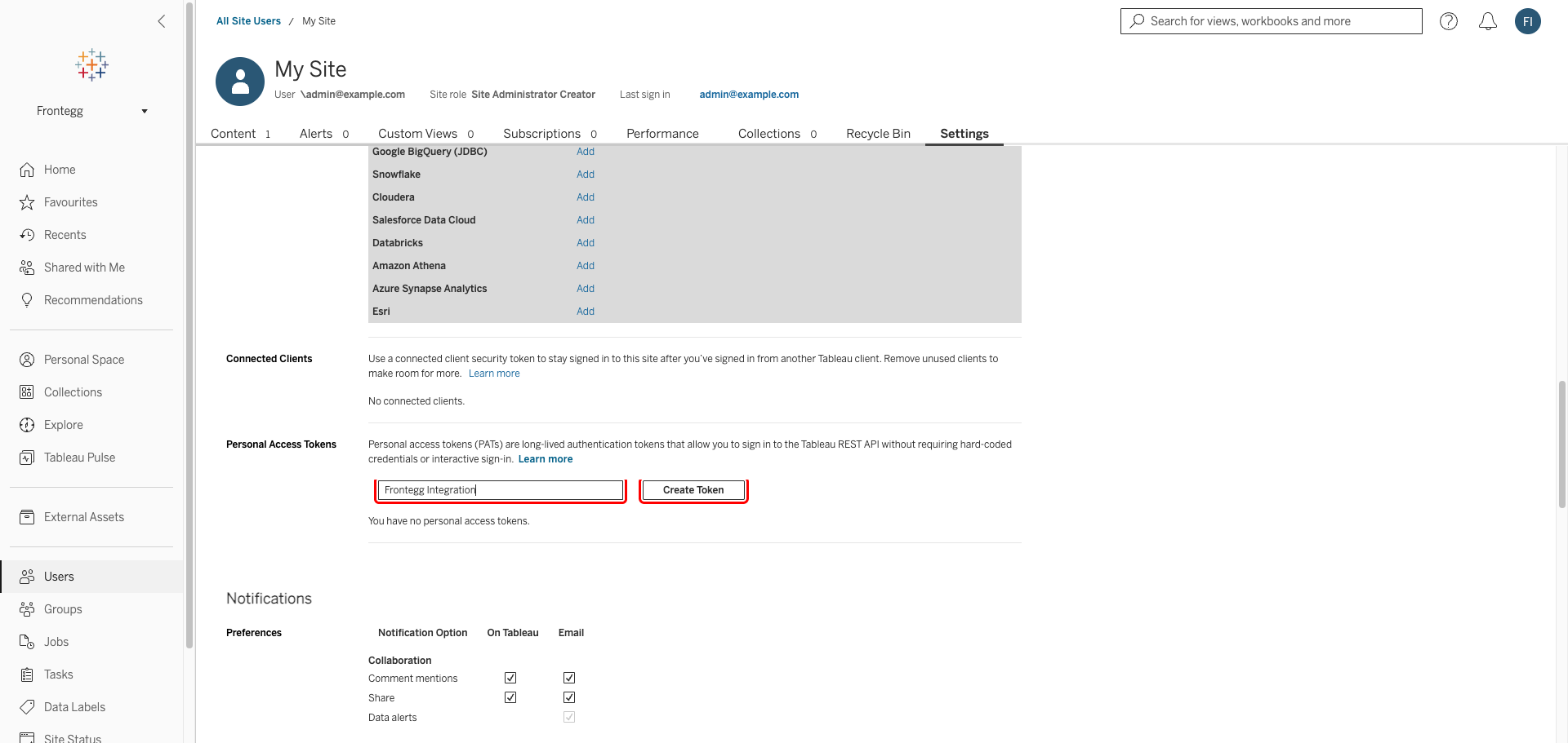 Tableau My Account Settings PAT section with name and Create Token highlighted