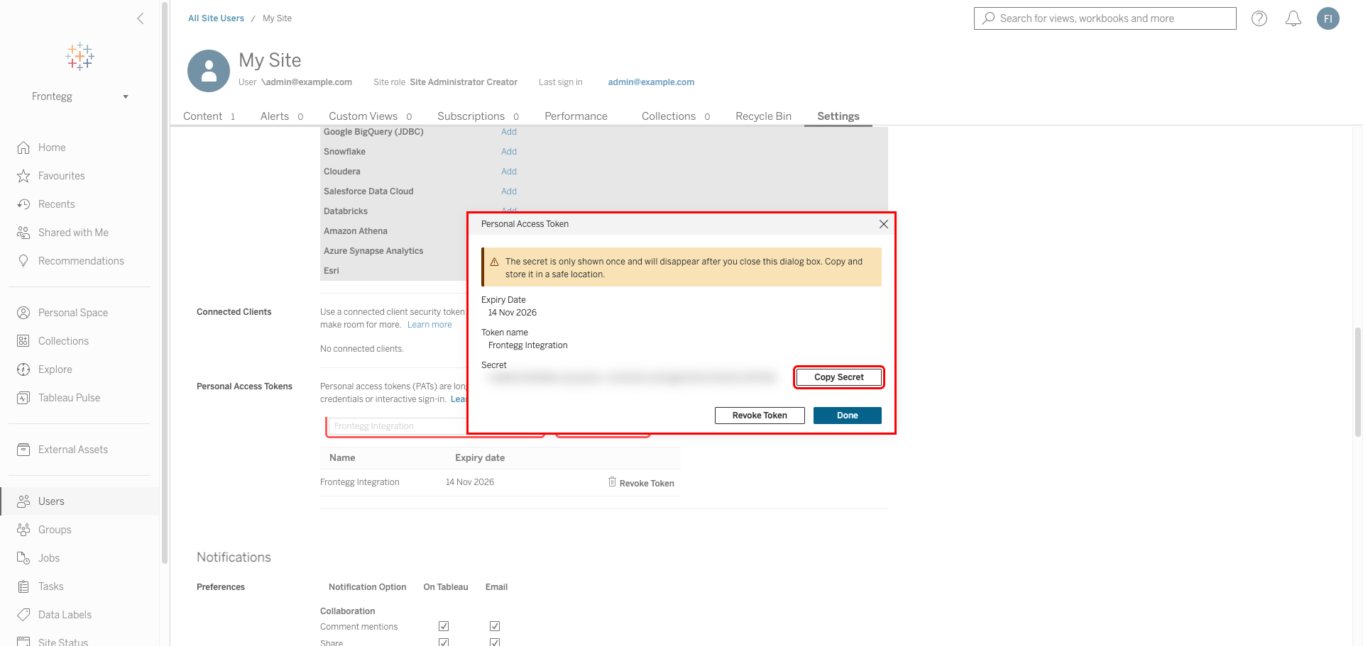PAT dialog with Token name and Secret, Copy Secret button highlighted